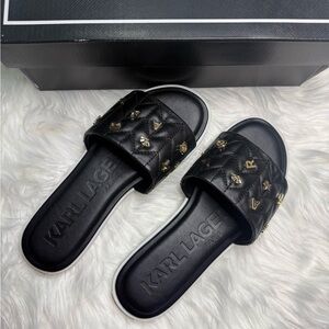 Karl Lagerfeld Black Quilted Slide Sandals with Gold Stud Accents